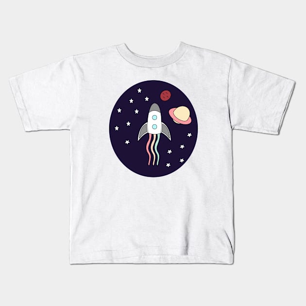 Kawaii Rainbow Space rocket in the galaxy space Kids T-Shirt by Ralph Hovsepian